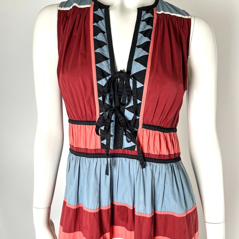 Authentic Ulla Johnson V Neck Midi Striped Cotton Blue Burgundy Sleeveless Dress - Picture 3 of 7